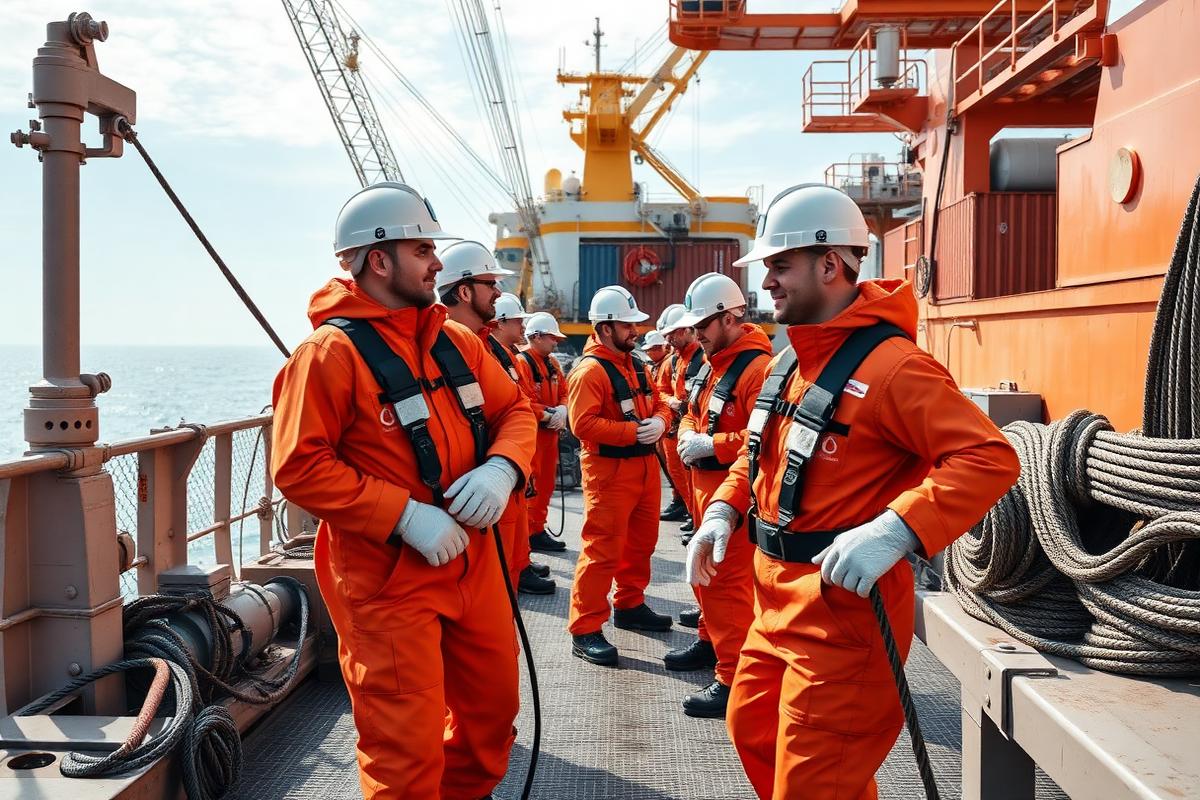 Tripulação trabalhando no convés de embarcação offshore