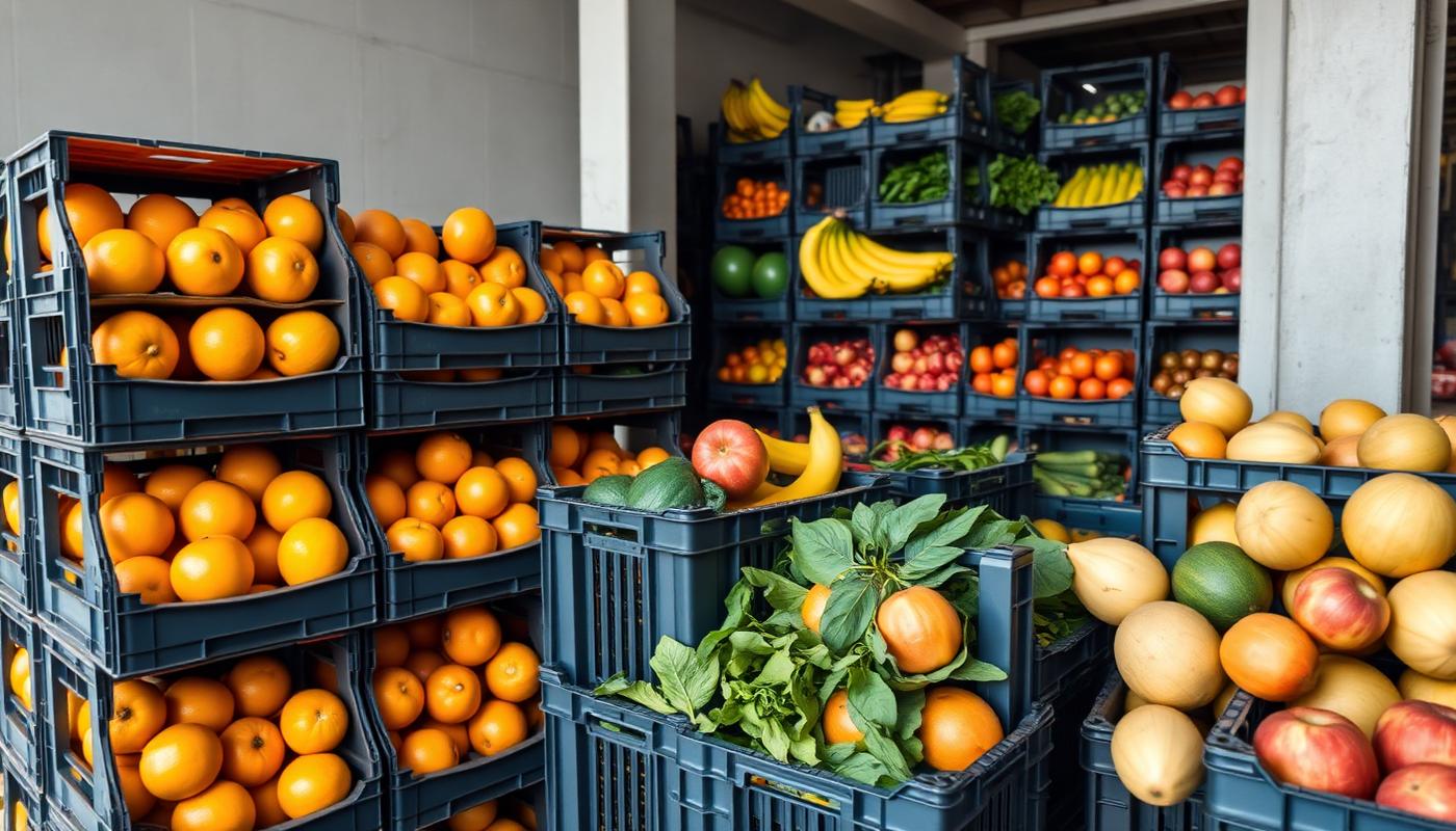 Frutas e hortifruti in natura em monoblocos prontos para embarque